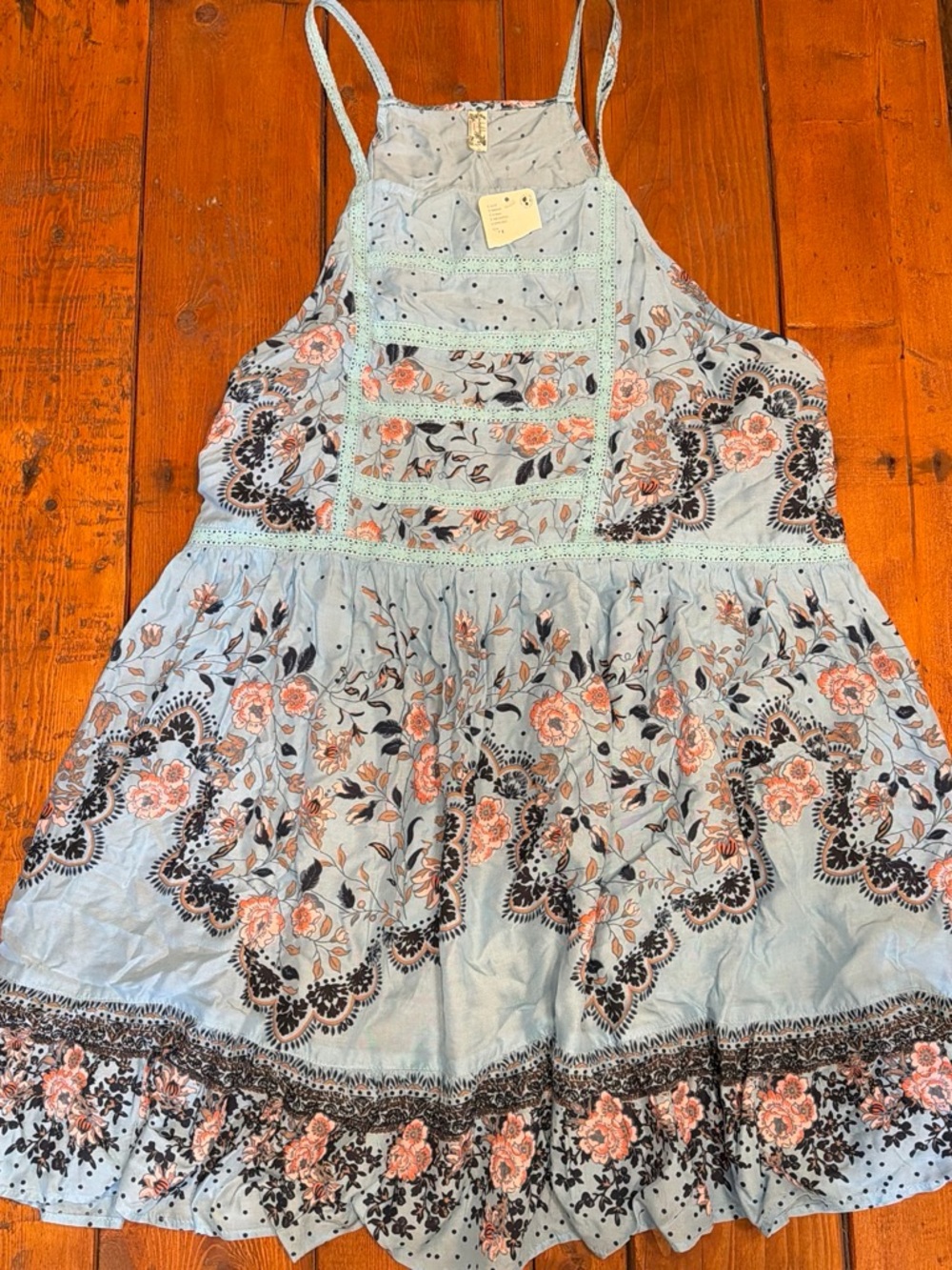 Free People Light Blue Floral Midi Dress with Pink & Black Embroidery